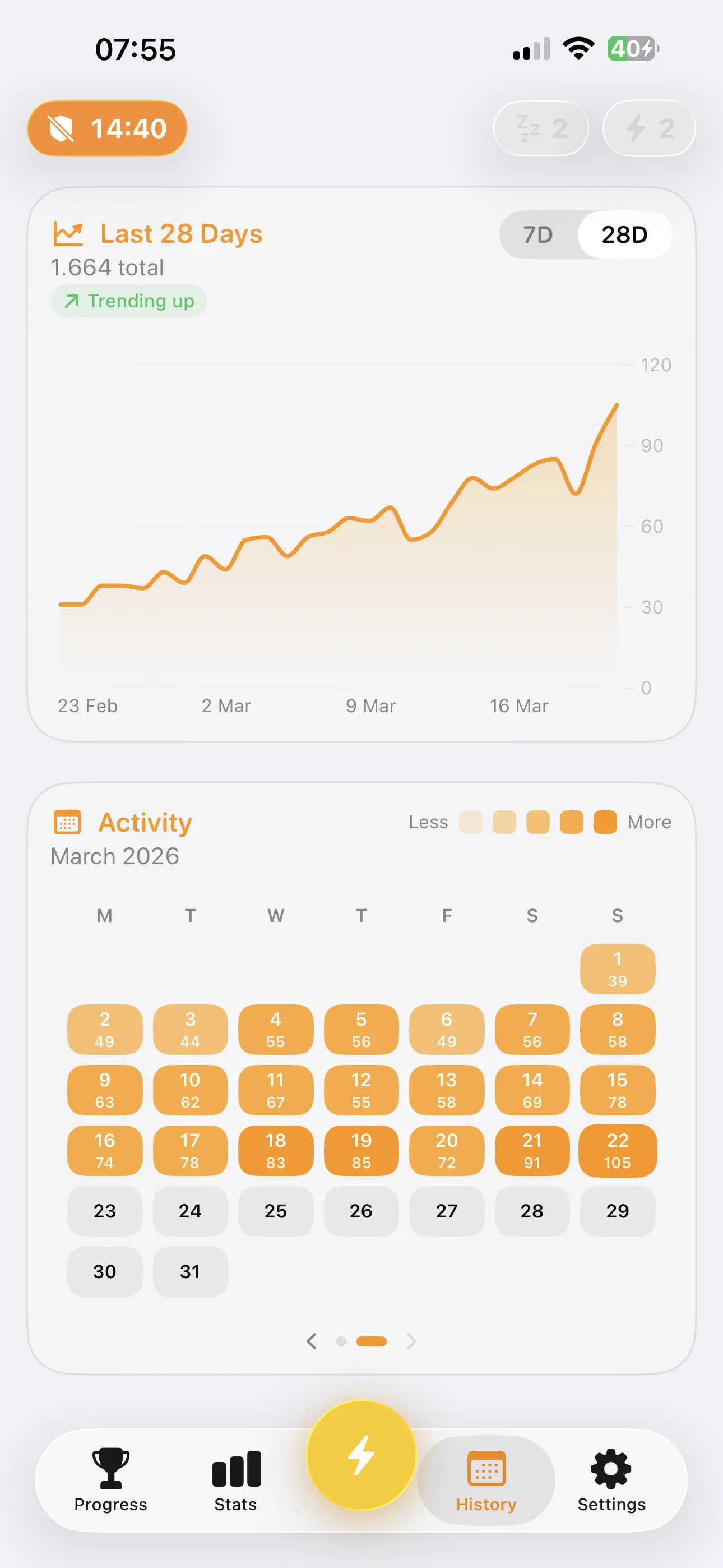 PushFirst History screen showing log of completed pushup sessions