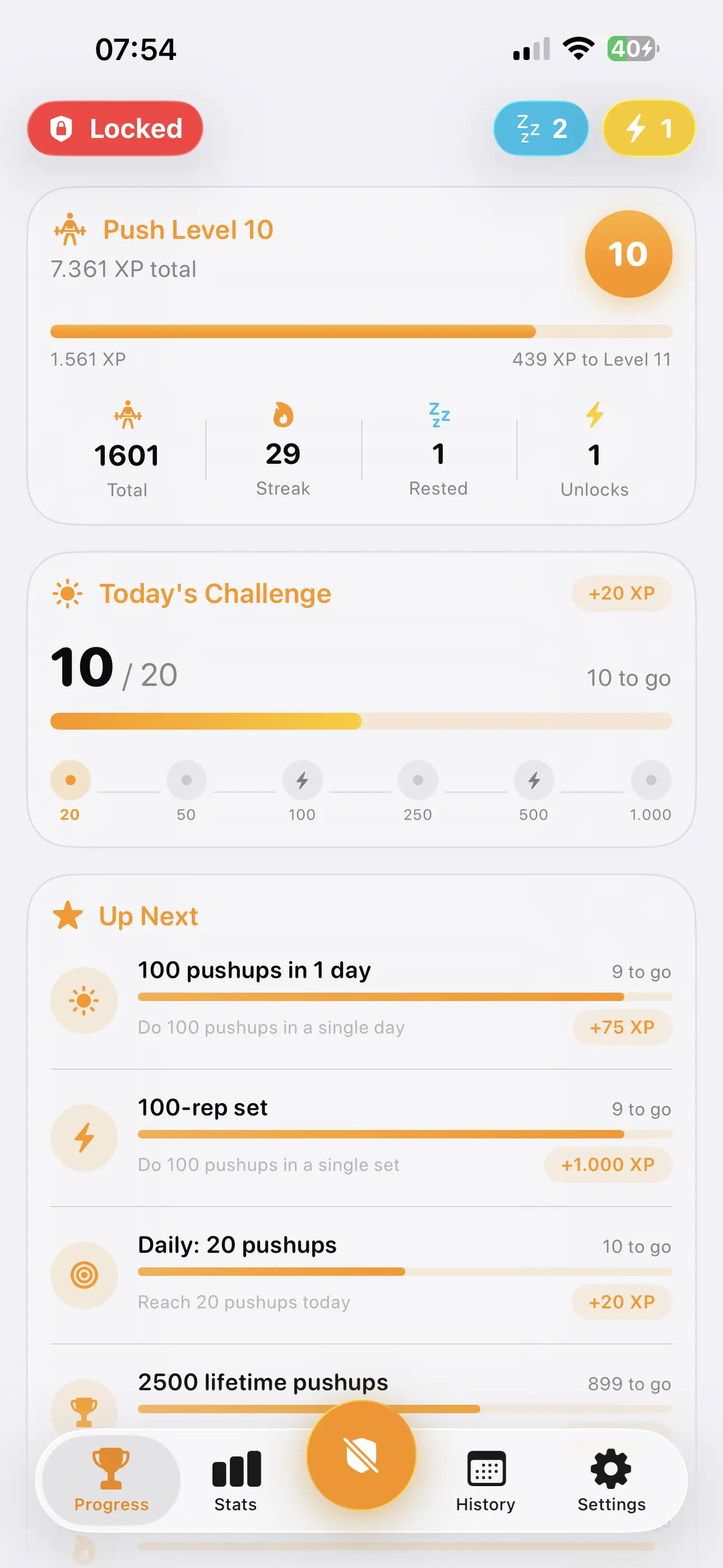 PushFirst Progress screen showing daily pushup streak and screen time saved