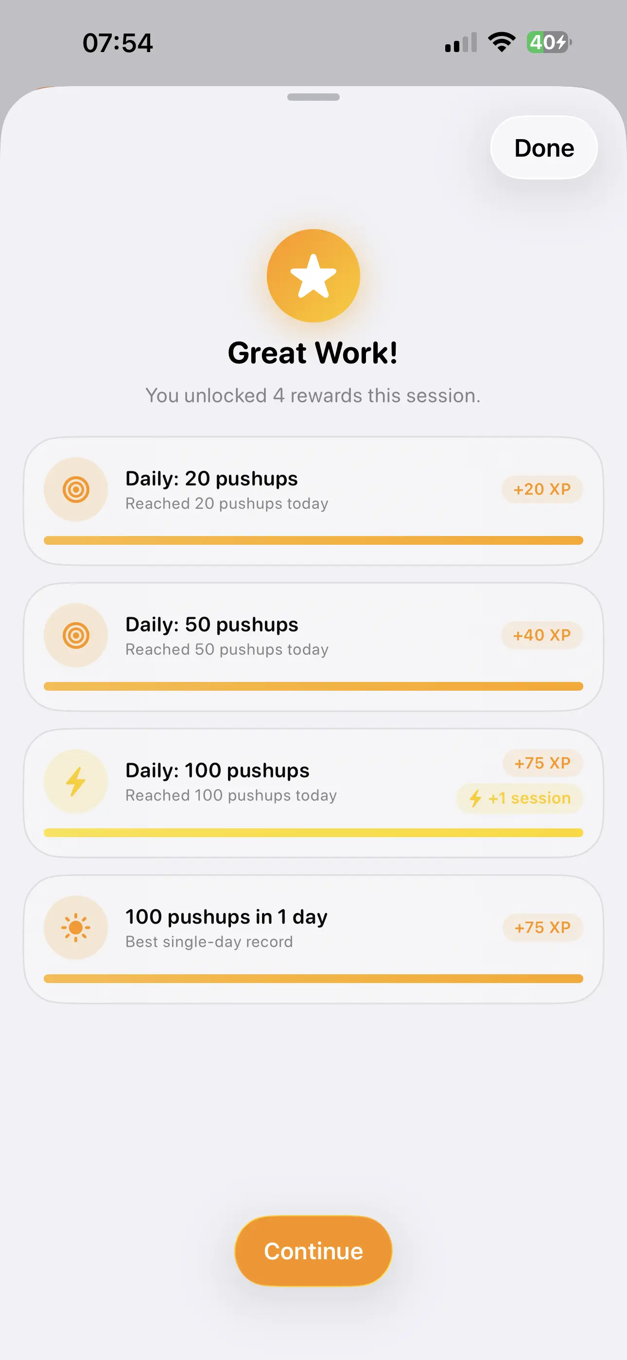 PushFirst Rewards screen showing unlocked screen time after completing pushup goal