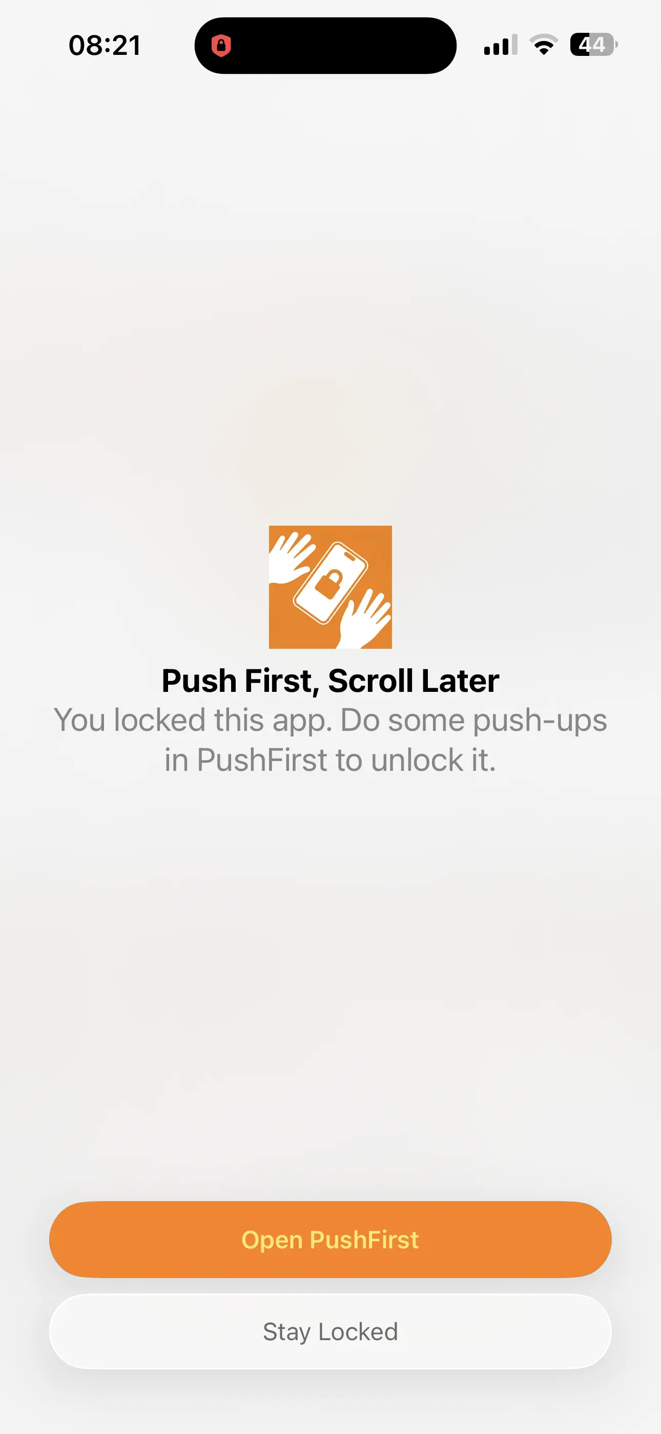 PushFirst Shield screen showing Instagram and TikTok blocked with pushup count required to unlock