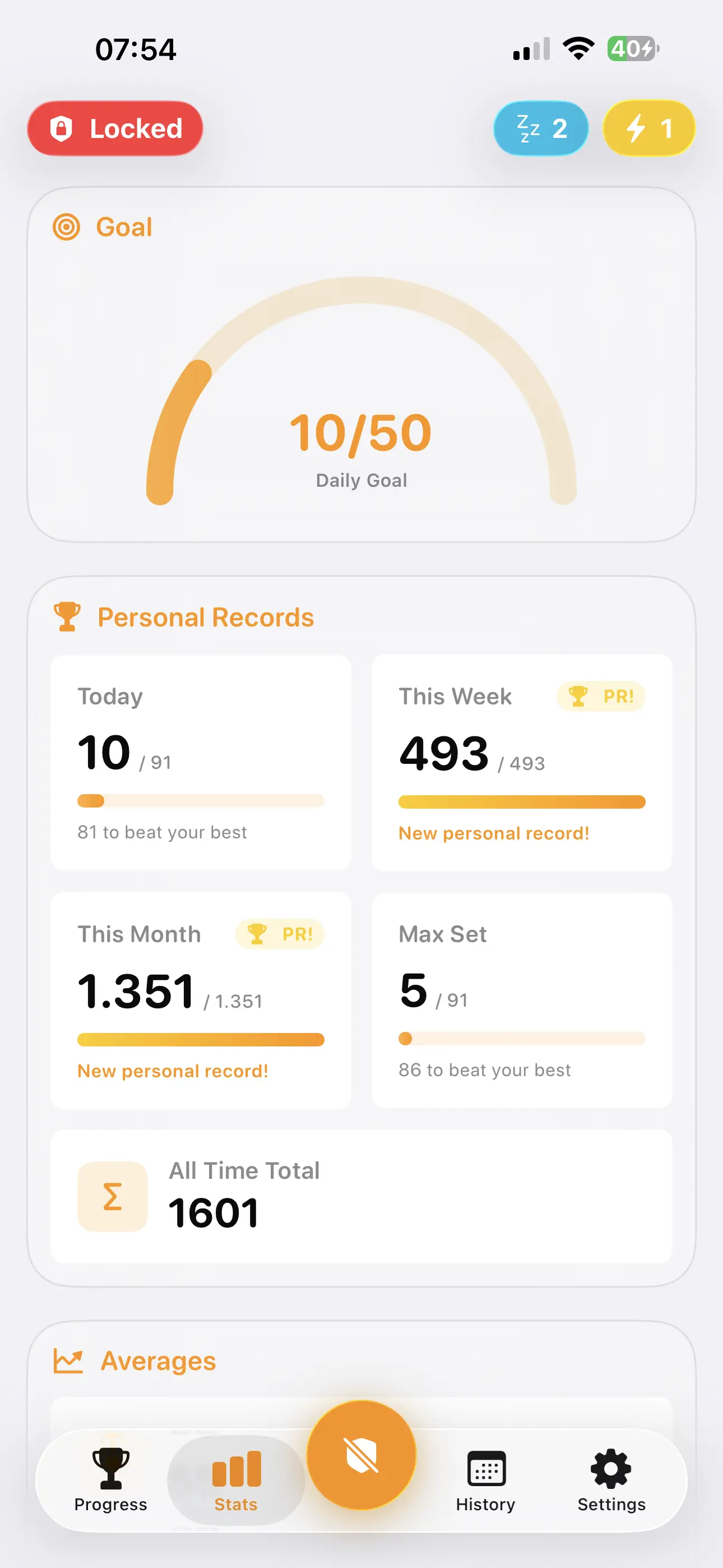 PushFirst Stats screen showing weekly pushup totals and app usage trends
